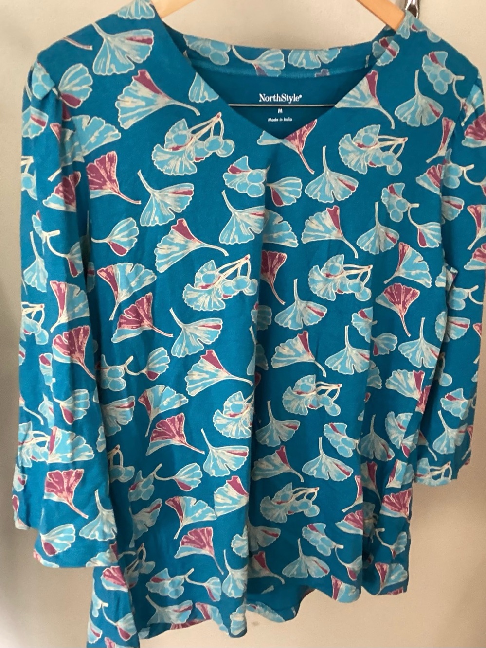 M Turquoise Blue Bright Ginkgo Print Half Sleeve Jersey Tee New